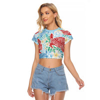 Palaka with Honu and Plumeria Raglan Cropped T Shirt Hawaiian Heritage Spirit LT9 Female Blue - Polynesian Pride