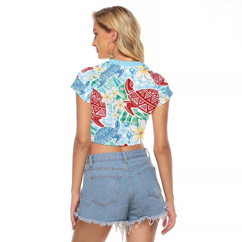 Palaka with Honu and Plumeria Raglan Cropped T Shirt Hawaiian Heritage Spirit LT9 - Polynesian Pride