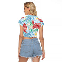 Palaka with Honu and Plumeria Raglan Cropped T Shirt Hawaiian Heritage Spirit LT9 - Polynesian Pride