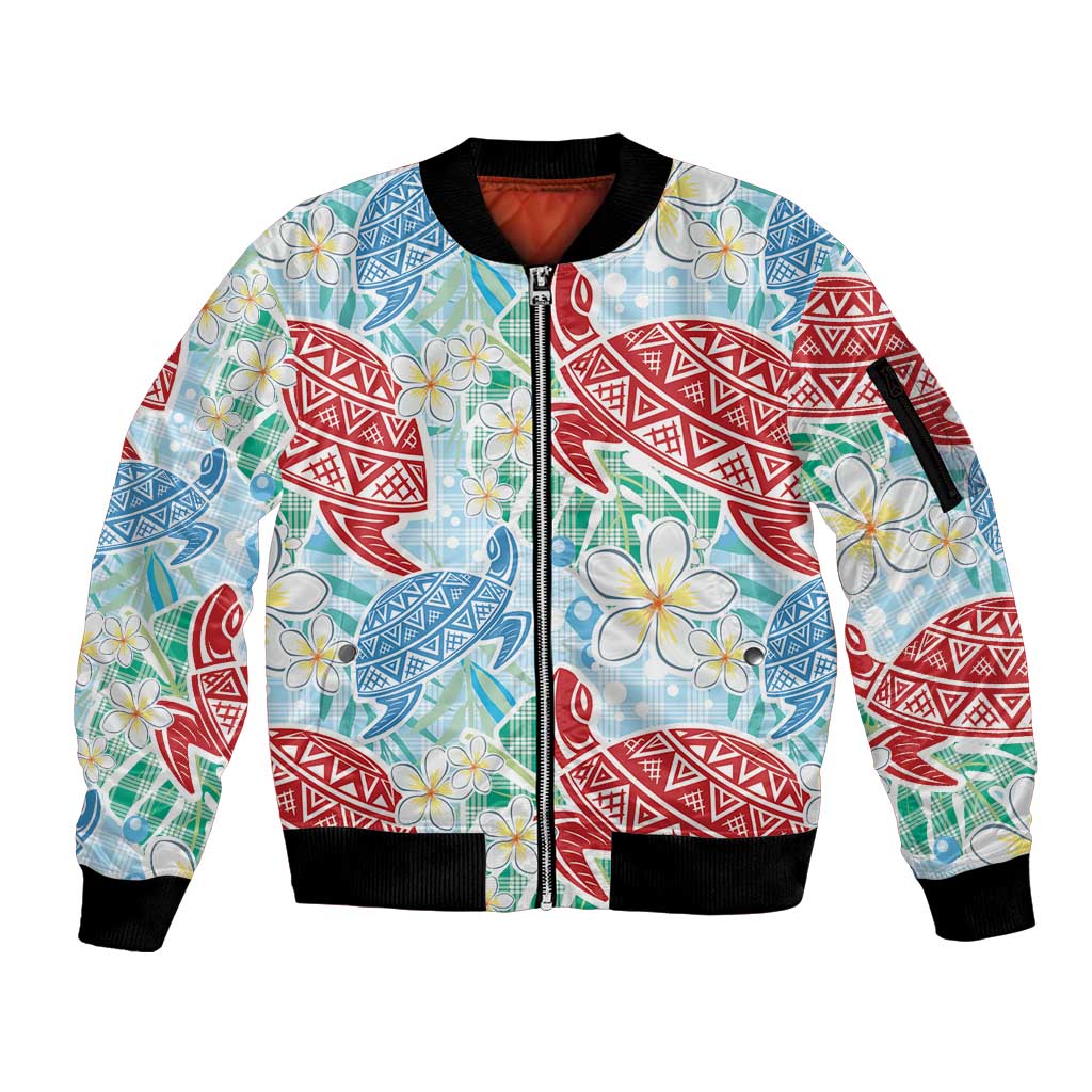 Palaka with Honu and Plumeria Sleeve Zip Bomber Jacket Hawaiian Heritage Spirit LT9 Unisex Blue - Polynesian Pride