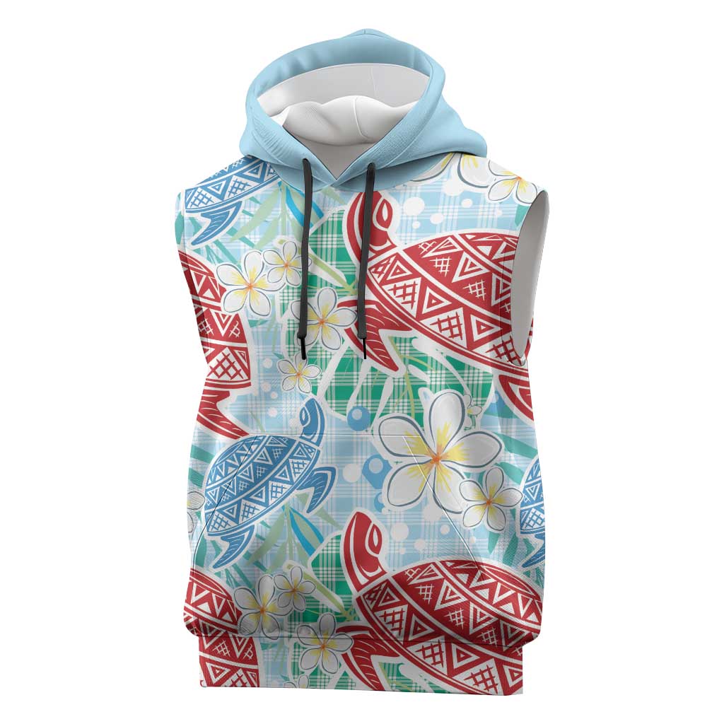 Palaka with Honu and Plumeria Sleeveless Hoodie Hawaiian Heritage Spirit LT9 Blue - Polynesian Pride