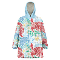 Palaka with Honu and Plumeria Wearable Blanket Hoodie Hawaiian Heritage Spirit LT9 One Size Blue - Polynesian Pride