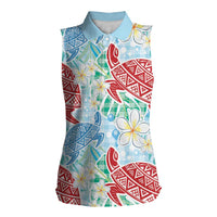 Palaka with Honu and Plumeria Women Sleeveless Polo Shirt Hawaiian Heritage Spirit LT9 Female Blue - Polynesian Pride