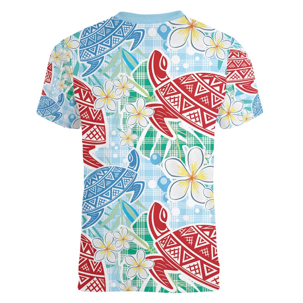 Palaka with Honu and Plumeria Women V-Neck T-Shirt Hawaiian Heritage Spirit LT9 - Polynesian Pride