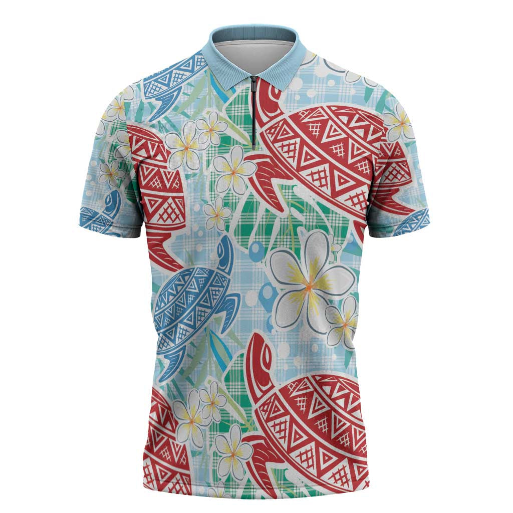 Palaka with Honu and Plumeria Zipper Polo Shirt Hawaiian Heritage Spirit LT9 Blue - Polynesian Pride