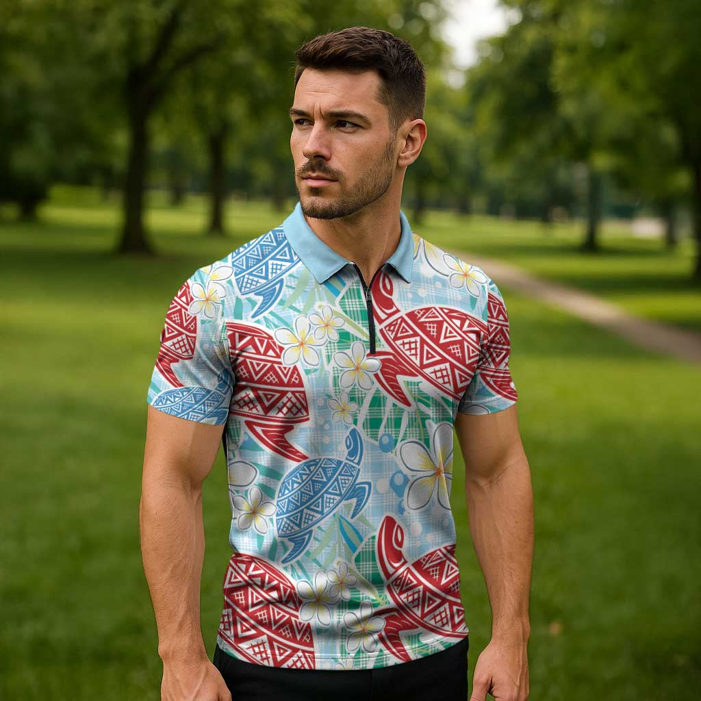 Palaka with Honu and Plumeria Zipper Polo Shirt Hawaiian Heritage Spirit LT9 - Polynesian Pride