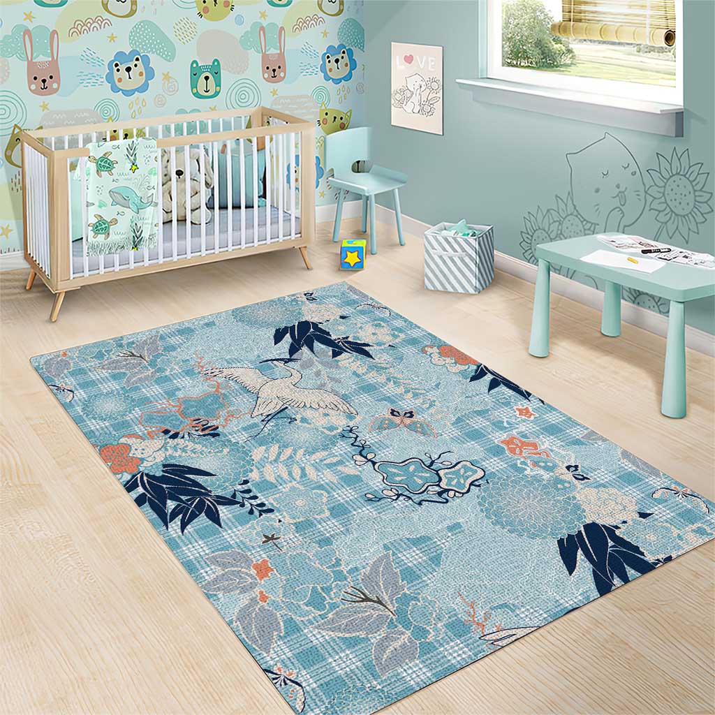 Blue Palaka Crane and Flowers Area Rug Japan Heritage Spirit - Polynesian Pride
