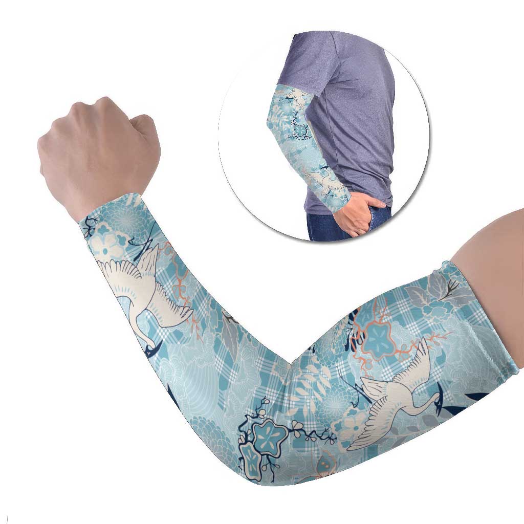 Blue Palaka Crane and Flowers Arm Sleeves Japan Heritage Spirit - Polynesian Pride