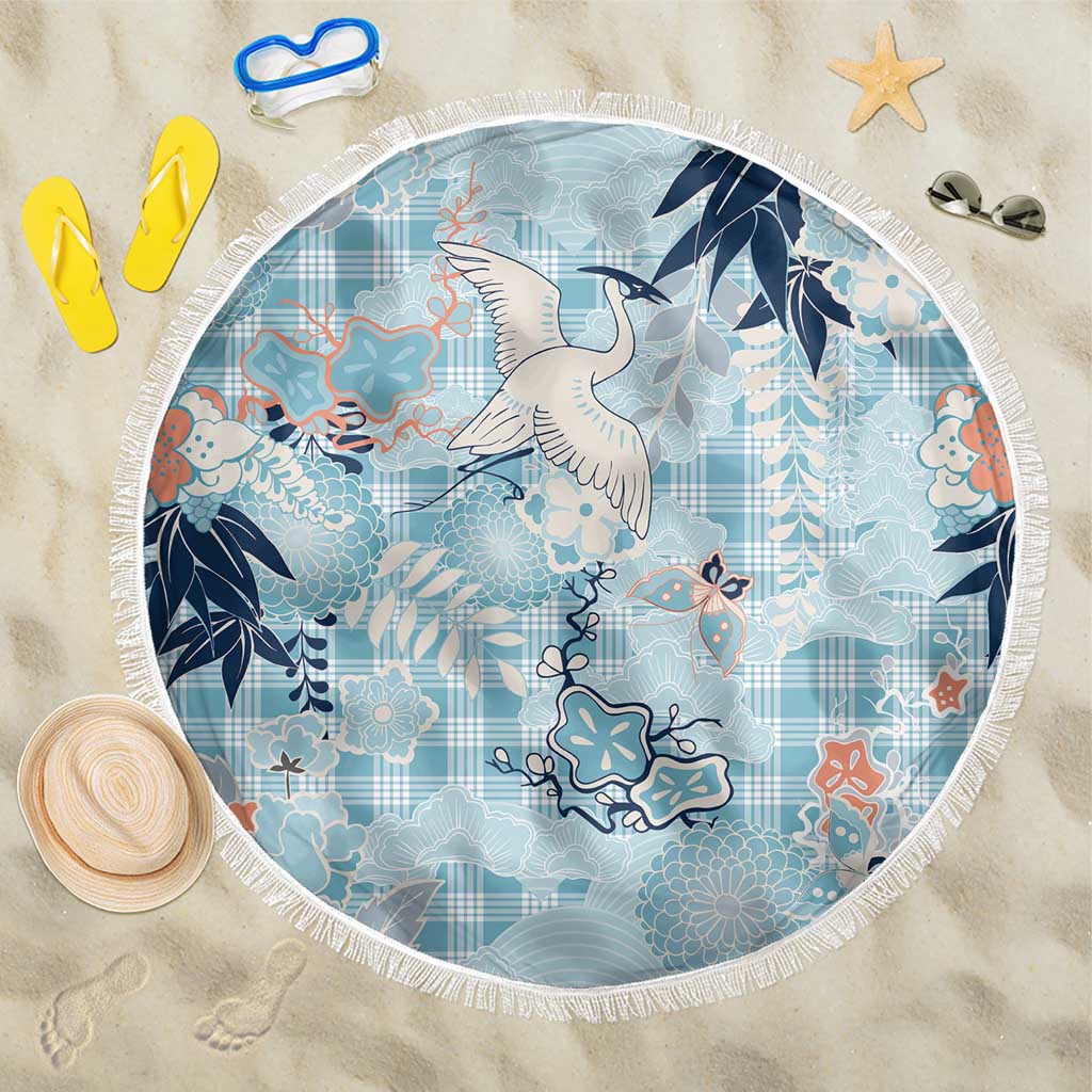 Blue Palaka Crane and Flowers Beach Blanket Japan Heritage Spirit - Polynesian Pride