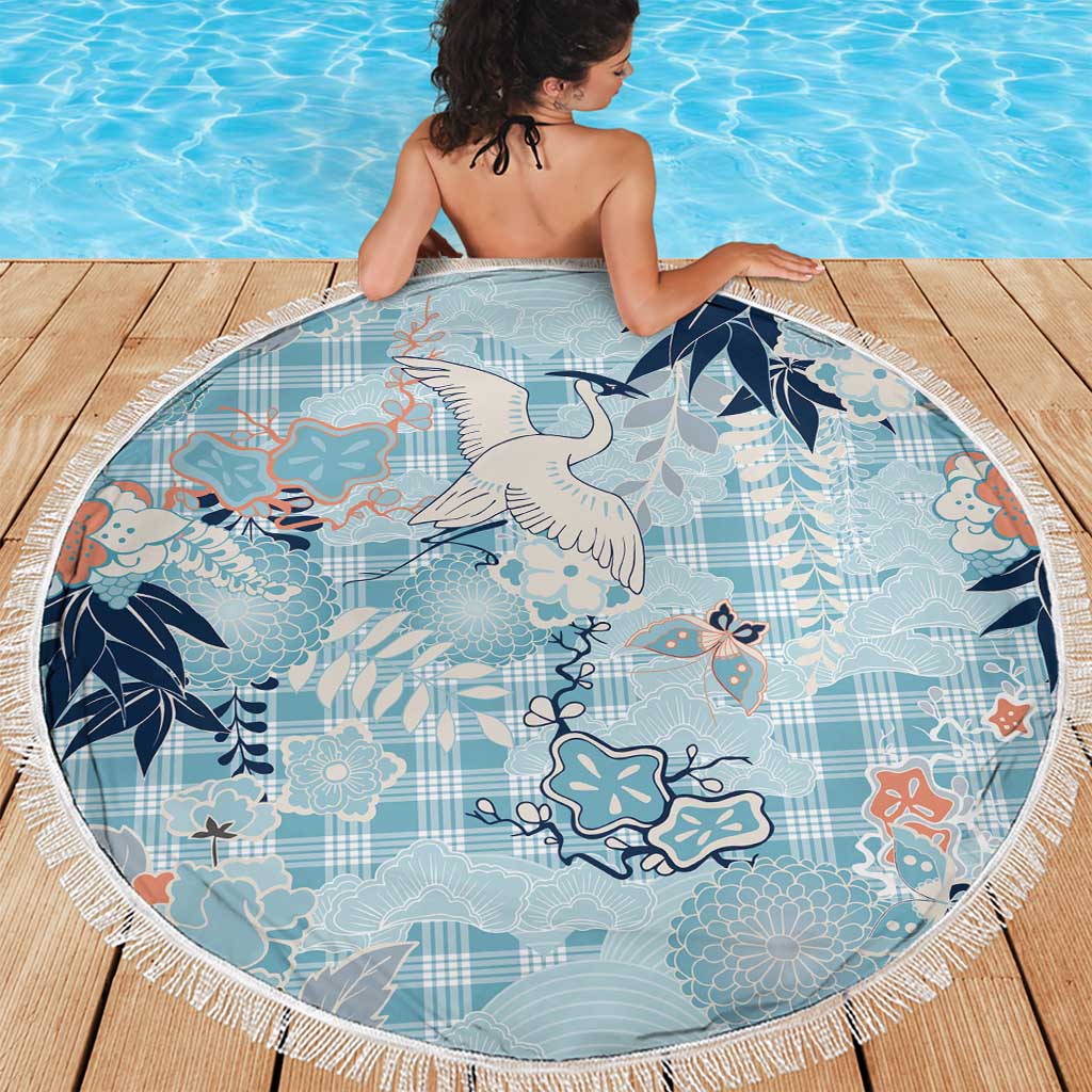 Blue Palaka Crane and Flowers Beach Blanket Japan Heritage Spirit - Polynesian Pride