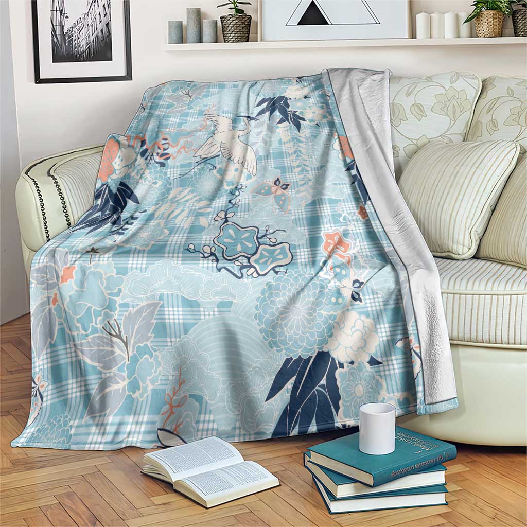Blue Palaka Crane and Flowers Blanket Japan Heritage Spirit - Polynesian Pride