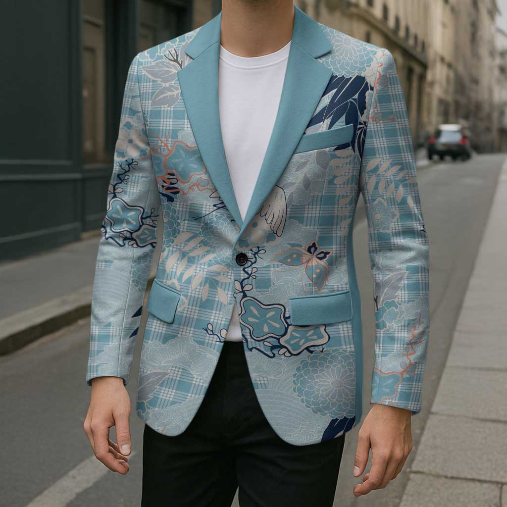 Blue Palaka Crane and Flowers Blazer Japan Heritage Spirit - Polynesian Pride