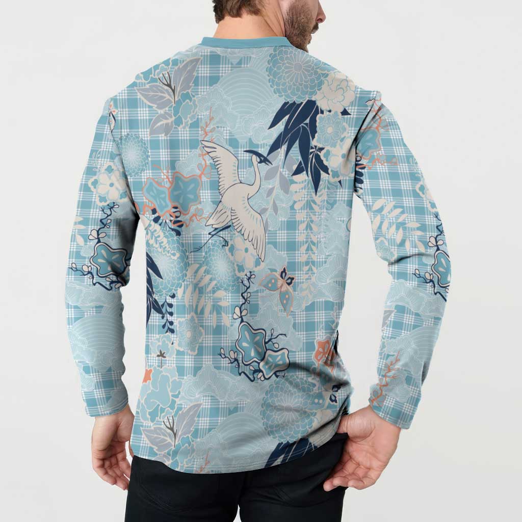 Blue Palaka Crane and Flowers Button Sweatshirt Japan Heritage Spirit - Polynesian Pride