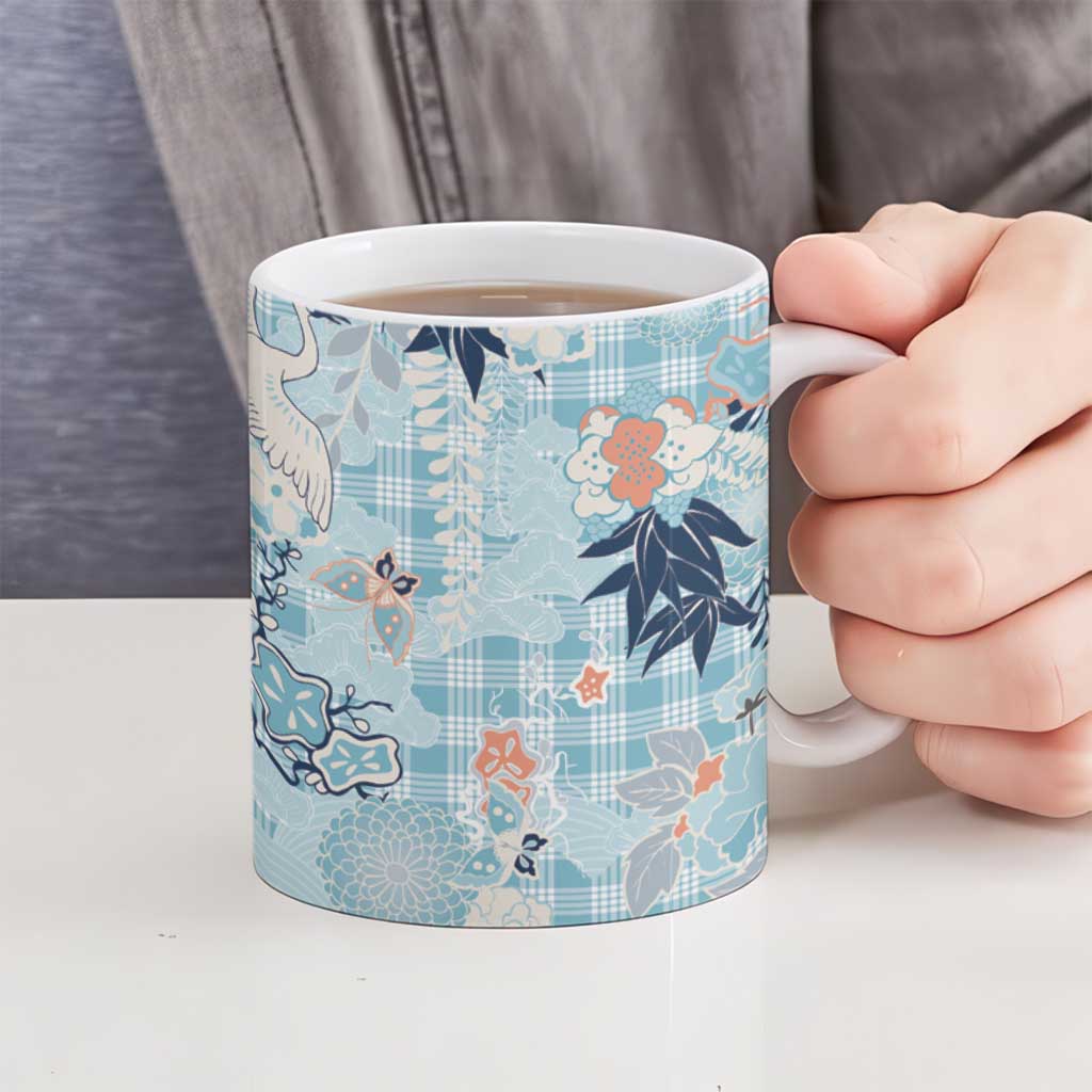 Blue Palaka Crane and Flowers Ceramic Mug Japan Heritage Spirit - Polynesian Pride