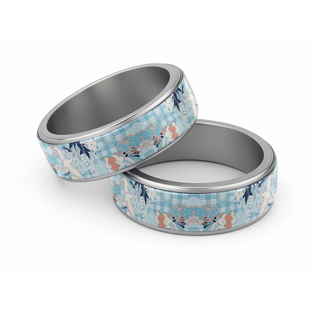 Blue Palaka Crane and Flowers Classic Ring Japan Heritage Spirit - Polynesian Pride