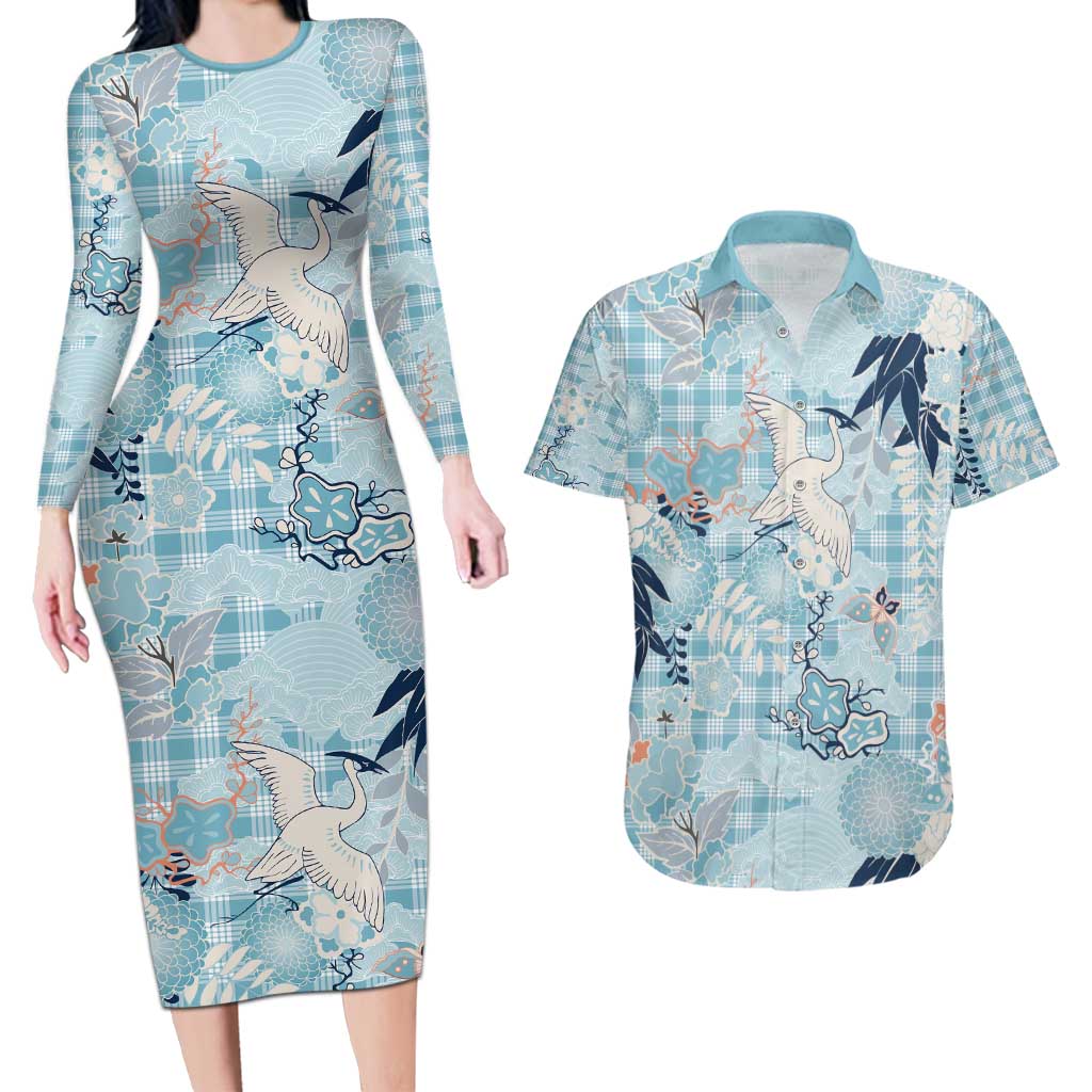 Blue Palaka Crane and Flowers Couples Matching Long Sleeve Bodycon Dress and Hawaiian Shirt Japan Heritage Spirit LT9 Blue - Polynesian Pride