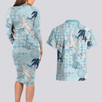 Blue Palaka Crane and Flowers Couples Matching Long Sleeve Bodycon Dress and Hawaiian Shirt Japan Heritage Spirit LT9 - Polynesian Pride