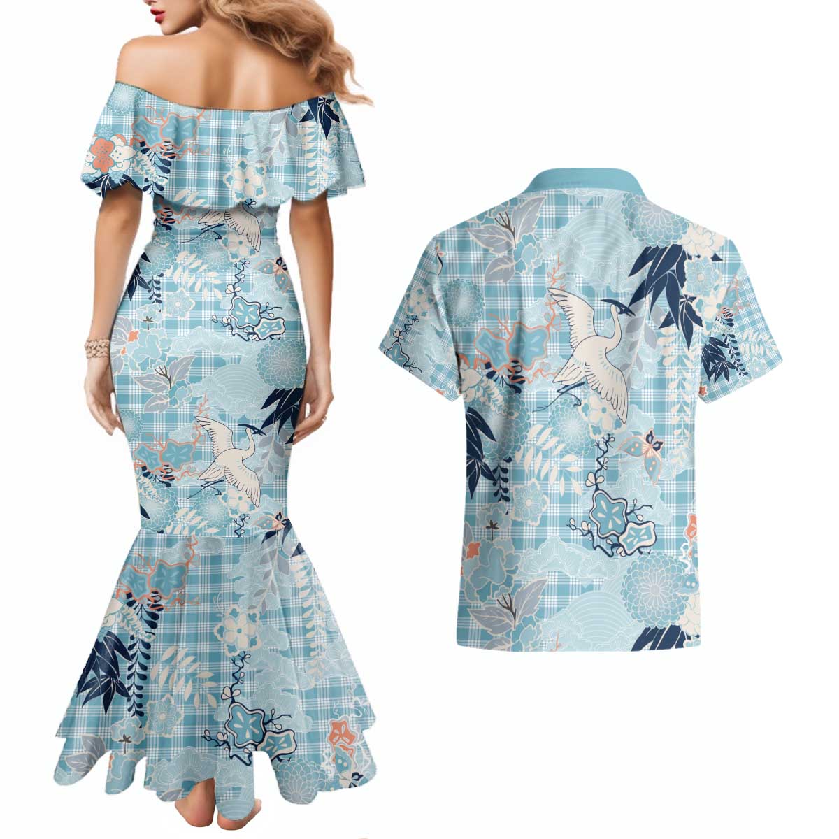 Blue Palaka Crane and Flowers Couples Matching Mermaid Dress and Hawaiian Shirt Japan Heritage Spirit LT9 - Polynesian Pride
