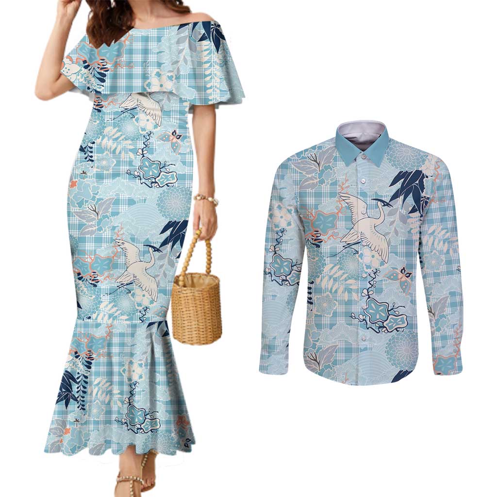 Blue Palaka Crane and Flowers Couples Matching Mermaid Dress and Long Sleeve Button Shirt Japan Heritage Spirit LT9 Blue - Polynesian Pride