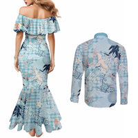 Blue Palaka Crane and Flowers Couples Matching Mermaid Dress and Long Sleeve Button Shirt Japan Heritage Spirit LT9 - Polynesian Pride