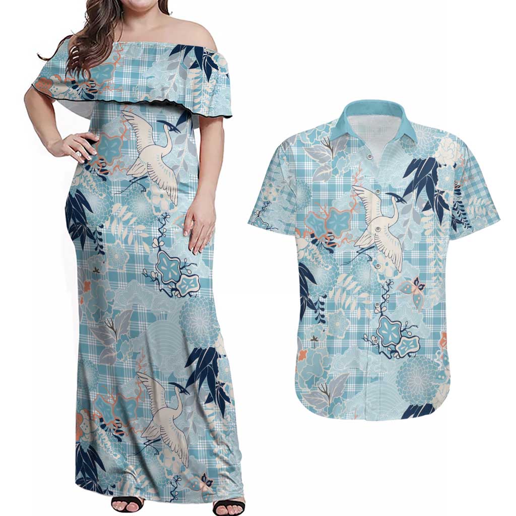 Blue Palaka Crane and Flowers Couples Matching Off Shoulder Maxi Dress and Hawaiian Shirt Japan Heritage Spirit LT9 Blue - Polynesian Pride