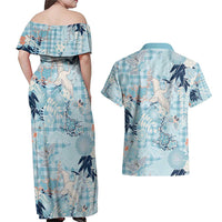 Blue Palaka Crane and Flowers Couples Matching Off Shoulder Maxi Dress and Hawaiian Shirt Japan Heritage Spirit LT9 - Polynesian Pride
