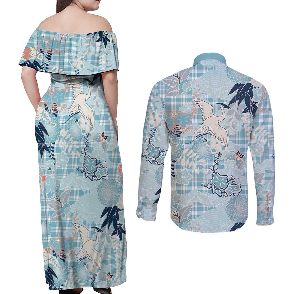 Blue Palaka Crane and Flowers Couples Matching Off Shoulder Maxi Dress and Long Sleeve Button Shirt Japan Heritage Spirit LT9 - Polynesian Pride