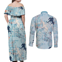 Blue Palaka Crane and Flowers Couples Matching Off Shoulder Maxi Dress and Long Sleeve Button Shirt Japan Heritage Spirit LT9 - Polynesian Pride