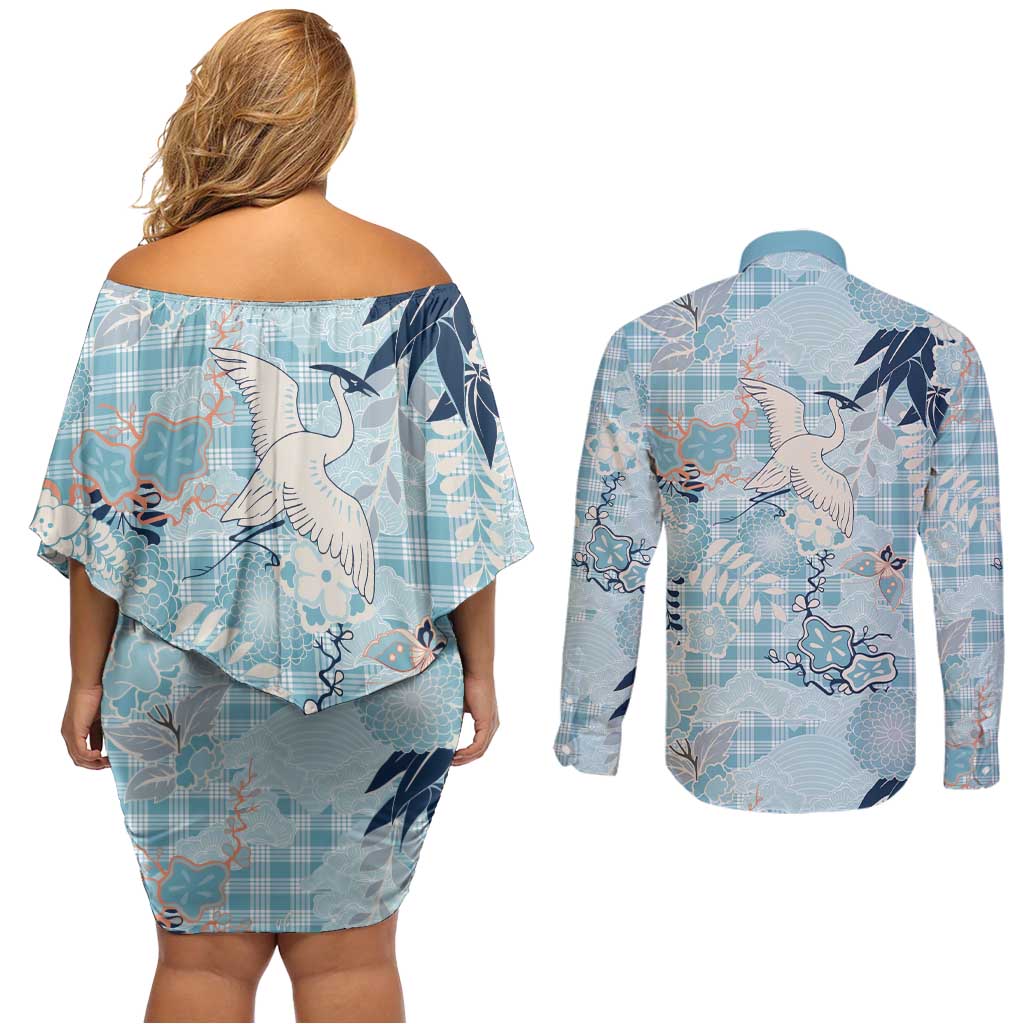 Blue Palaka Crane and Flowers Couples Matching Off Shoulder Short Dress and Long Sleeve Button Shirt Japan Heritage Spirit LT9 - Polynesian Pride