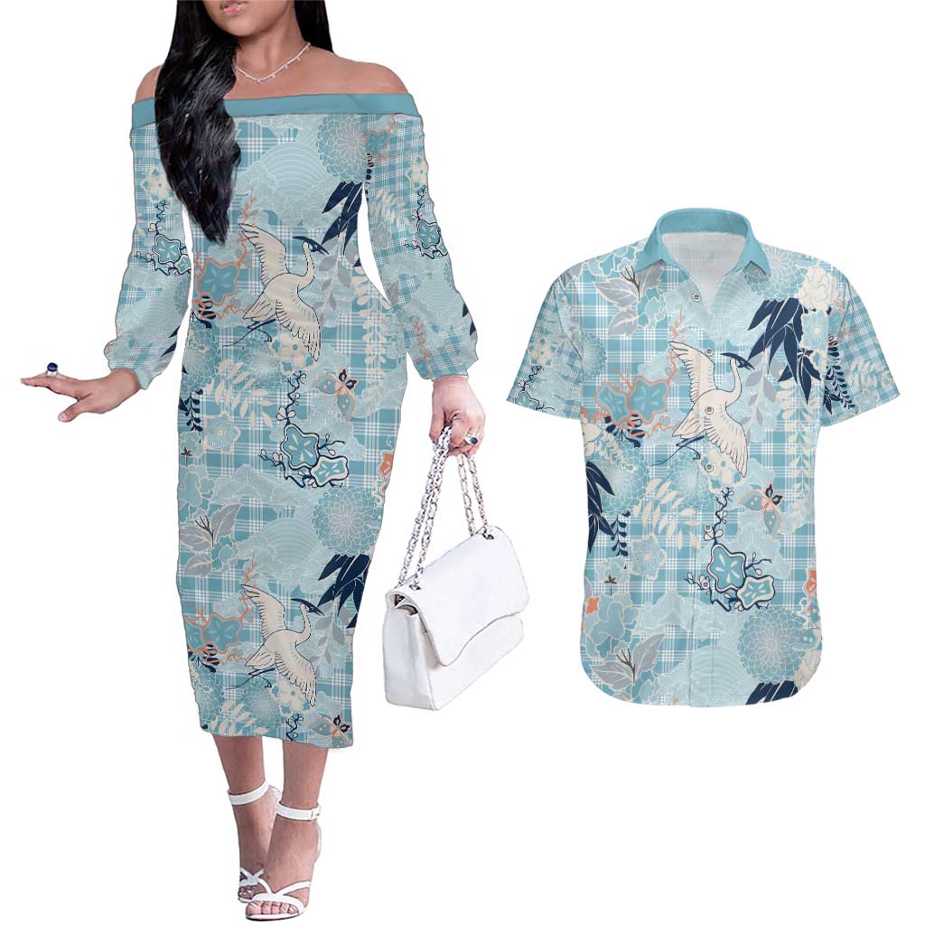 Blue Palaka Crane and Flowers Couples Matching Off The Shoulder Long Sleeve Dress and Hawaiian Shirt Japan Heritage Spirit LT9 Blue - Polynesian Pride