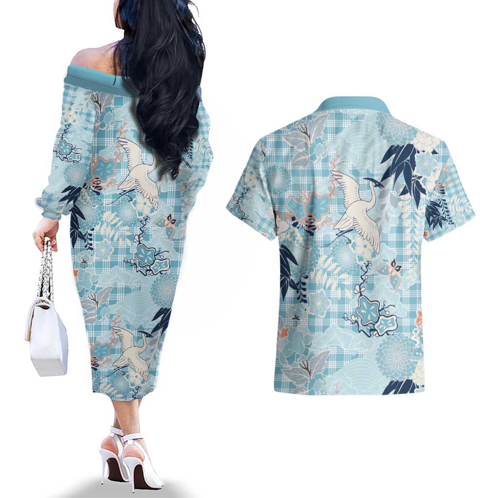 Blue Palaka Crane and Flowers Couples Matching Off The Shoulder Long Sleeve Dress and Hawaiian Shirt Japan Heritage Spirit LT9 - Polynesian Pride