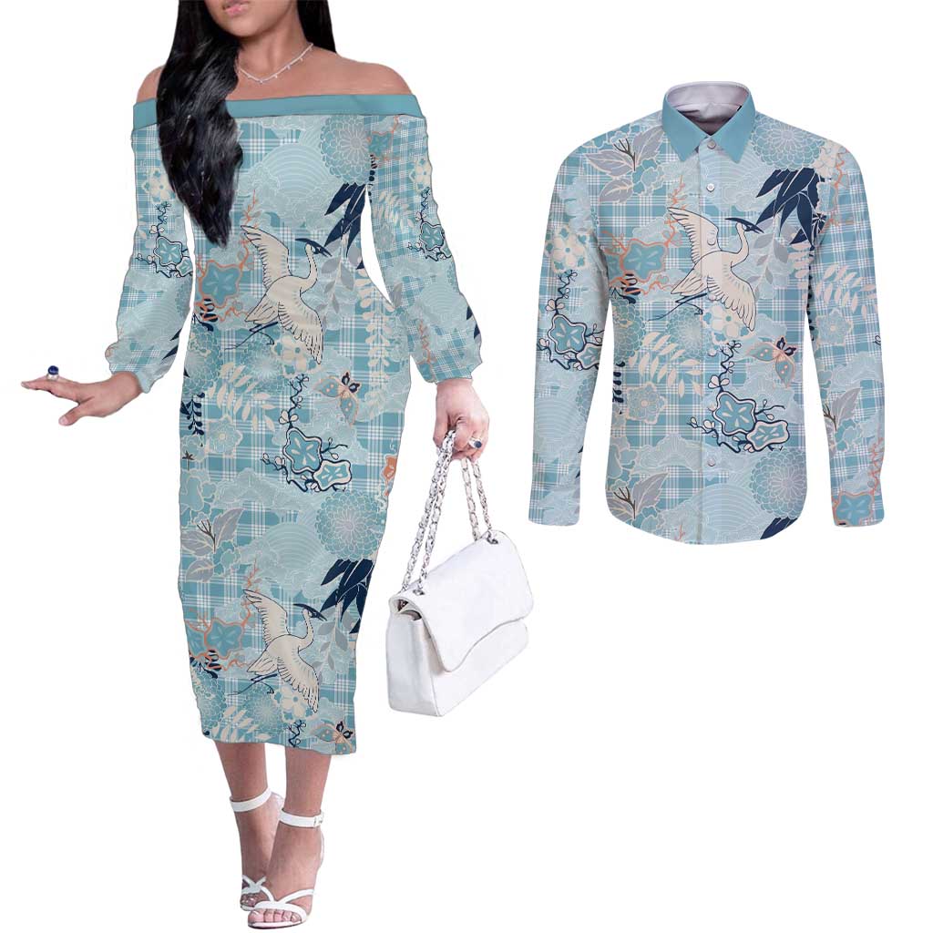 Blue Palaka Crane and Flowers Couples Matching Off The Shoulder Long Sleeve Dress and Long Sleeve Button Shirt Japan Heritage Spirit LT9 Blue - Polynesian Pride