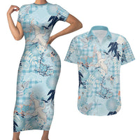 Blue Palaka Crane and Flowers Couples Matching Short Sleeve Bodycon Dress and Hawaiian Shirt Japan Heritage Spirit LT9 Blue - Polynesian Pride