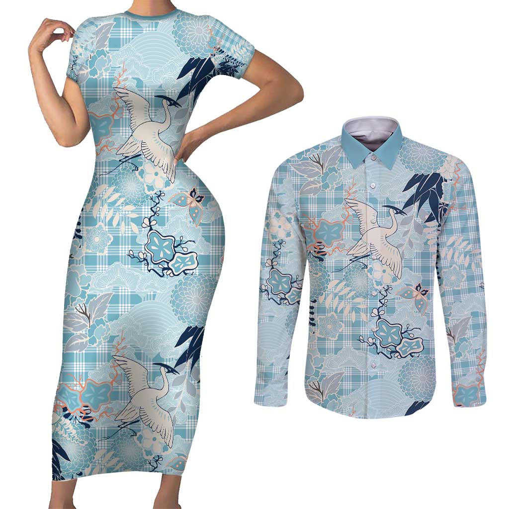 Blue Palaka Crane and Flowers Couples Matching Short Sleeve Bodycon Dress and Long Sleeve Button Shirt Japan Heritage Spirit LT9 Blue - Polynesian Pride