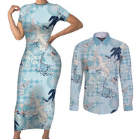 Blue Palaka Crane and Flowers Couples Matching Short Sleeve Bodycon Dress and Long Sleeve Button Shirt Japan Heritage Spirit LT9 Blue - Polynesian Pride