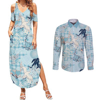 Blue Palaka Crane and Flowers Couples Matching Summer Maxi Dress and Long Sleeve Button Shirt Japan Heritage Spirit LT9 Blue - Polynesian Pride