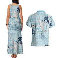 Blue Palaka Crane and Flowers Couples Matching Tank Maxi Dress and Hawaiian Shirt Japan Heritage Spirit LT9 - Polynesian Pride