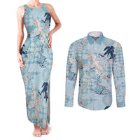 Blue Palaka Crane and Flowers Couples Matching Tank Maxi Dress and Long Sleeve Button Shirt Japan Heritage Spirit LT9 Blue - Polynesian Pride