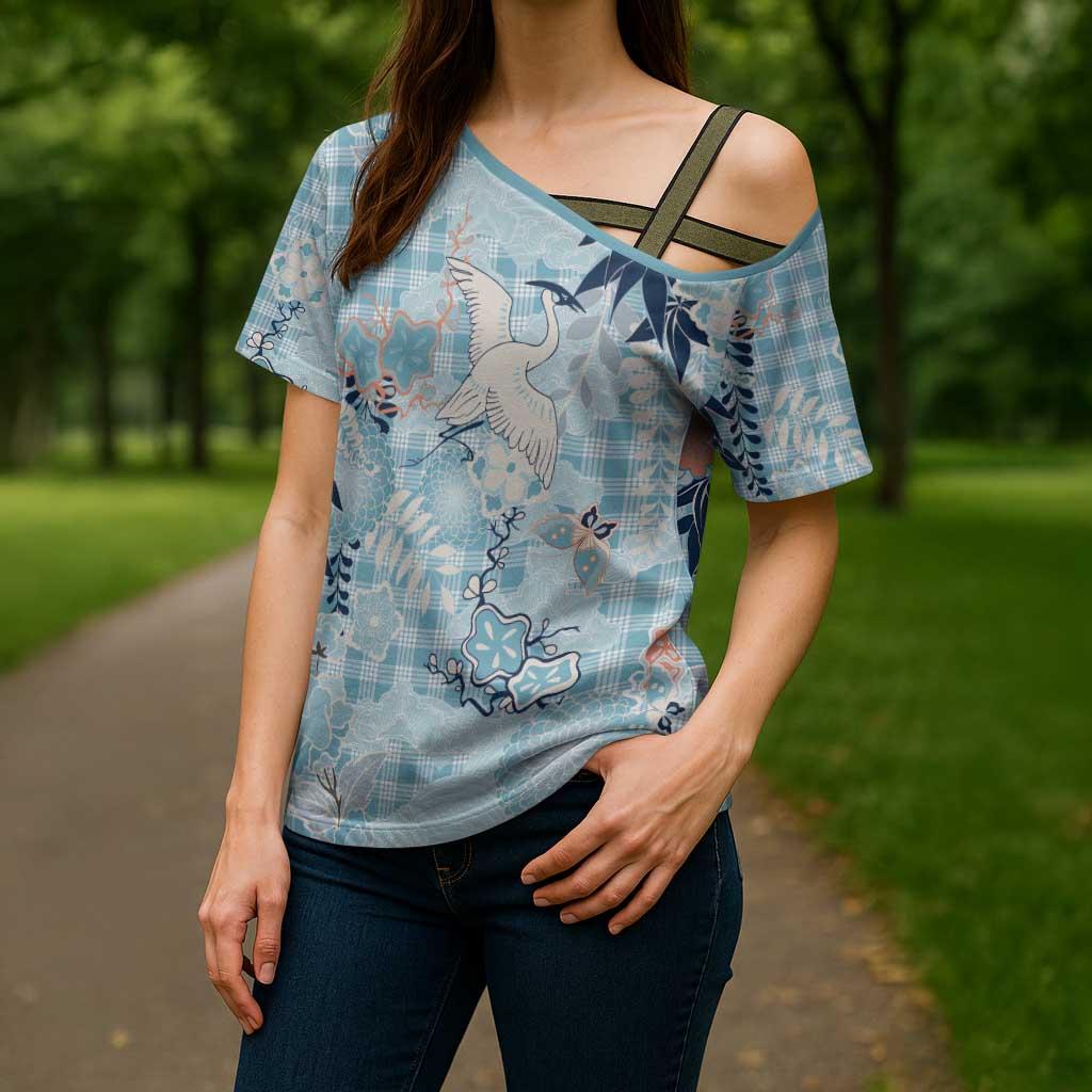 Blue Palaka Crane and Flowers Cross Shoulder Shirt Japan Heritage Spirit - Polynesian Pride