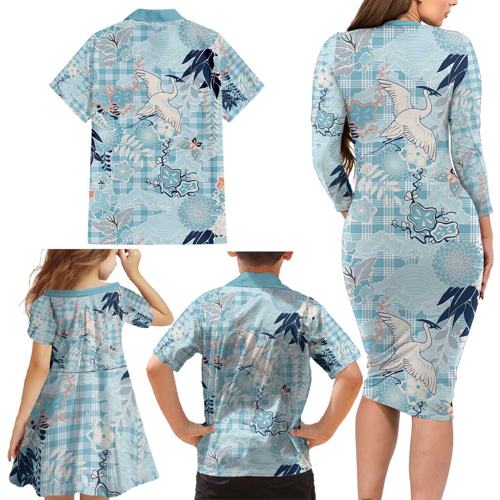 Blue Palaka Crane and Flowers Family Matching Long Sleeve Bodycon Dress and Hawaiian Shirt Japan Heritage Spirit LT9 - Polynesian Pride