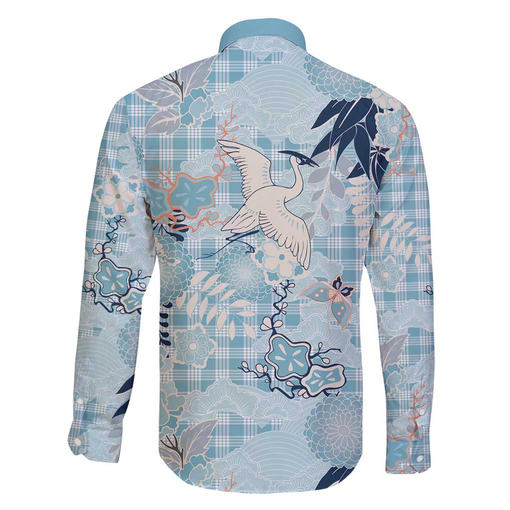 Blue Palaka Crane and Flowers Family Matching Long Sleeve Bodycon Dress and Hawaiian Shirt Japan Heritage Spirit LT9 - Polynesian Pride