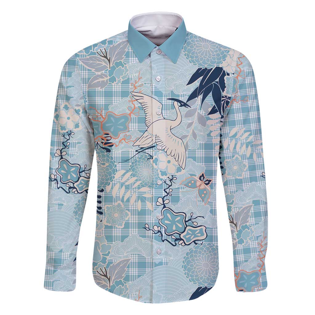 Blue Palaka Crane and Flowers Family Matching Mermaid Dress and Hawaiian Shirt Japan Heritage Spirit LT9 Dad's Shirt - Long Sleeve Blue - Polynesian Pride
