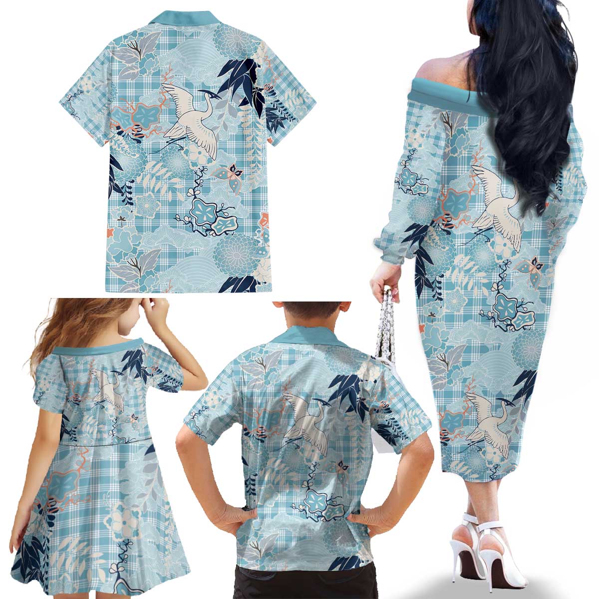 Blue Palaka Crane and Flowers Family Matching Off The Shoulder Long Sleeve Dress and Hawaiian Shirt Japan Heritage Spirit LT9 - Polynesian Pride