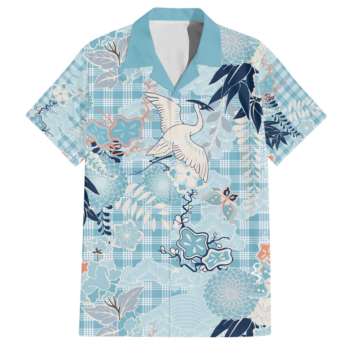 Blue Palaka Crane and Flowers Family Matching Off The Shoulder Long Sleeve Dress and Hawaiian Shirt Japan Heritage Spirit LT9 Dad's Shirt - Short Sleeve Blue - Polynesian Pride