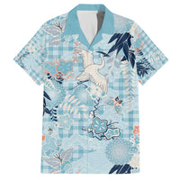 Blue Palaka Crane and Flowers Family Matching Off The Shoulder Long Sleeve Dress and Hawaiian Shirt Japan Heritage Spirit LT9 Dad's Shirt - Short Sleeve Blue - Polynesian Pride
