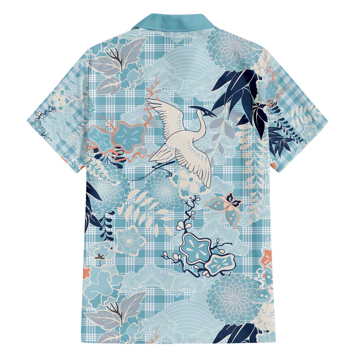 Blue Palaka Crane and Flowers Family Matching Off The Shoulder Long Sleeve Dress and Hawaiian Shirt Japan Heritage Spirit LT9 - Polynesian Pride