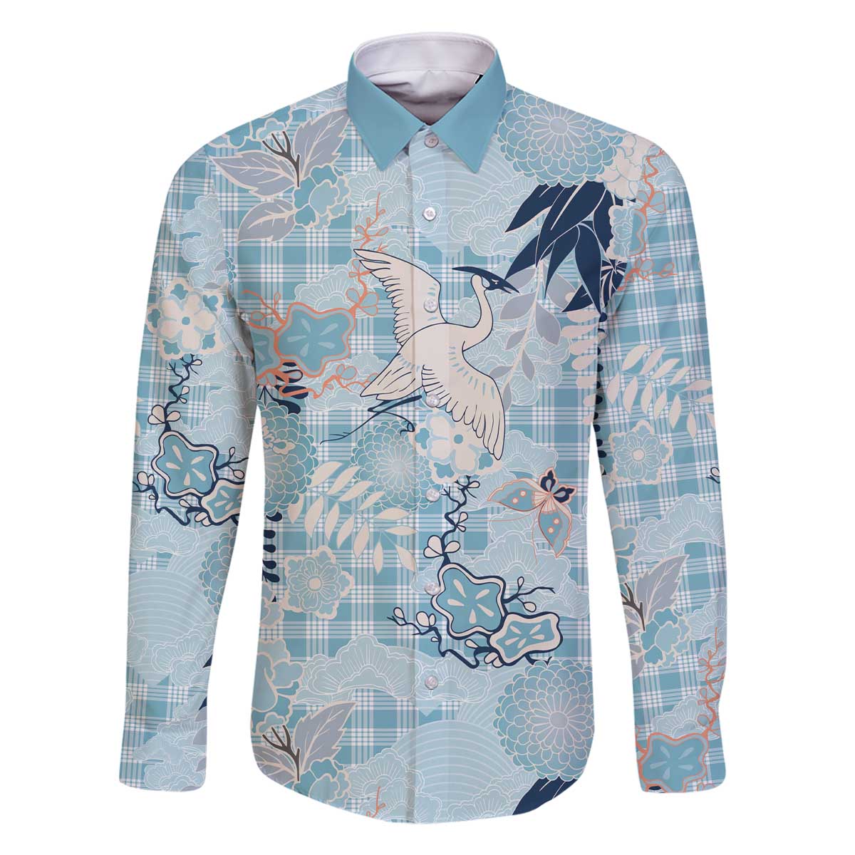 Blue Palaka Crane and Flowers Family Matching Off The Shoulder Long Sleeve Dress and Hawaiian Shirt Japan Heritage Spirit LT9 Dad's Shirt - Long Sleeve Blue - Polynesian Pride