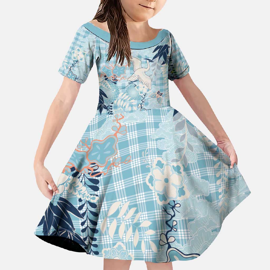 Blue Palaka Crane and Flowers Family Matching Off Shoulder Maxi Dress and Hawaiian Shirt Japan Heritage Spirit LT9 Daughter's Dress Blue - Polynesian Pride