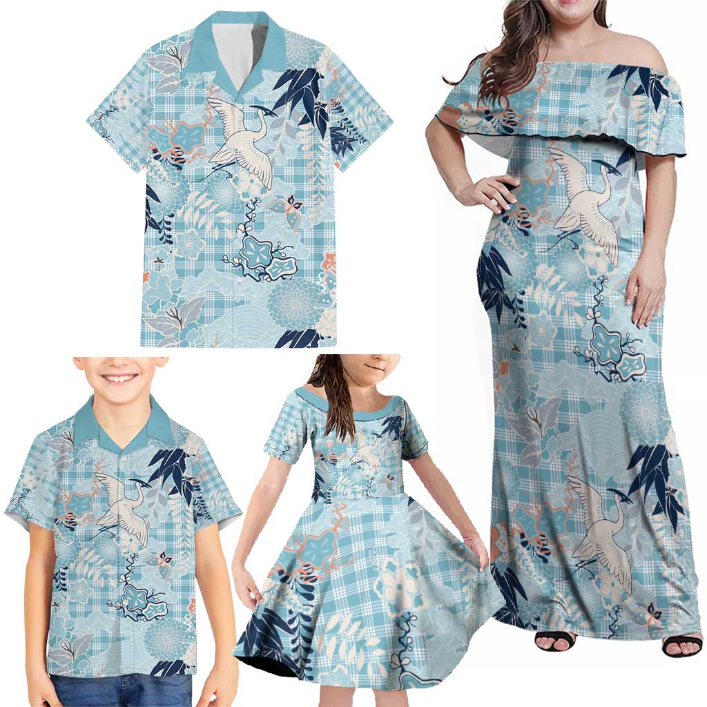Blue Palaka Crane and Flowers Family Matching Off Shoulder Maxi Dress and Hawaiian Shirt Japan Heritage Spirit LT9 - Polynesian Pride