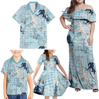 Blue Palaka Crane and Flowers Family Matching Off Shoulder Maxi Dress and Hawaiian Shirt Japan Heritage Spirit LT9 - Polynesian Pride
